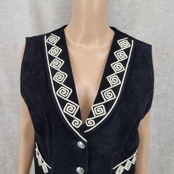 Cripple Creek Vintage Leather Women's Black With White Design Vest Western Boho - Picture 2 of 15